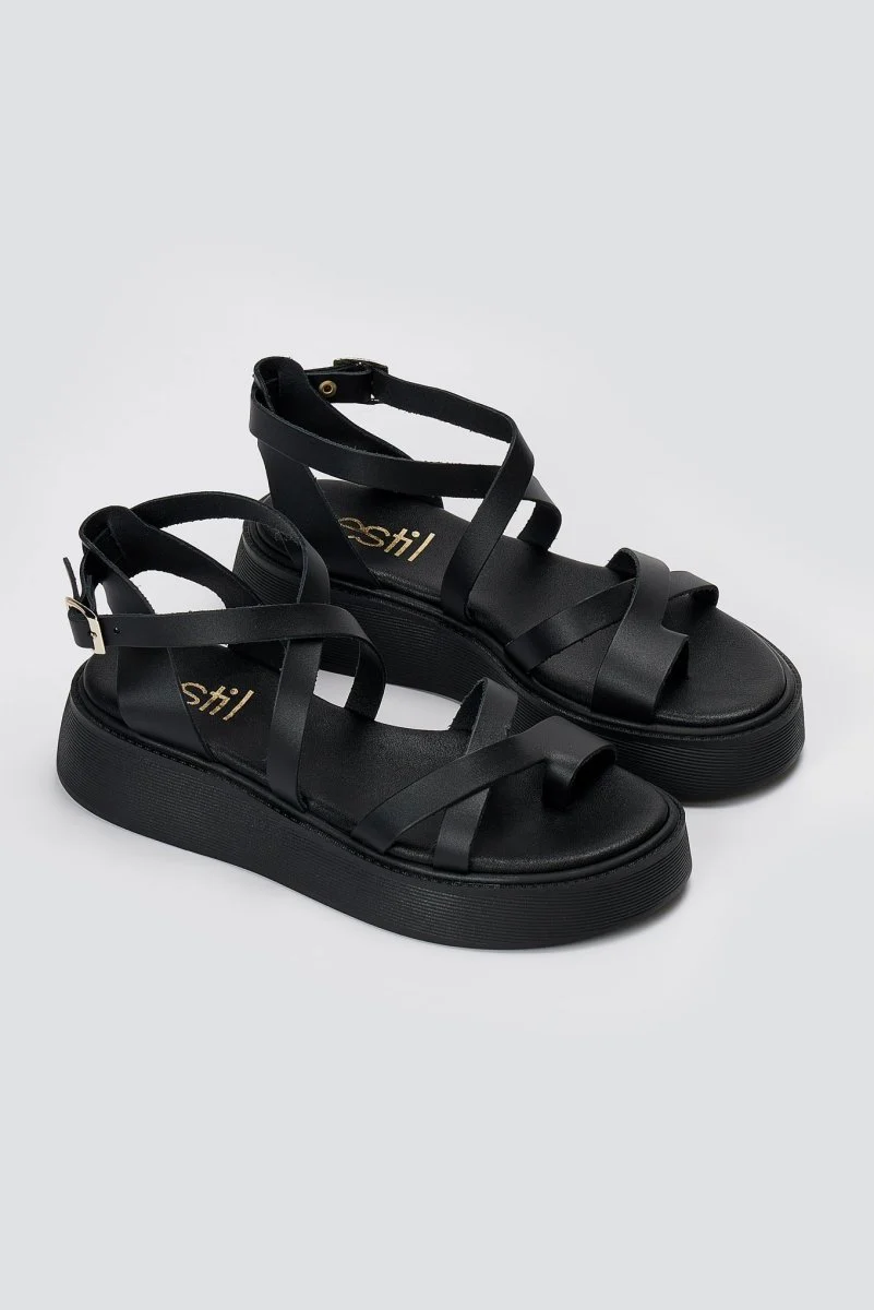 Σανδάλια flatform με χιαστί λουράκια - Μαύρο Ματ - Image 4